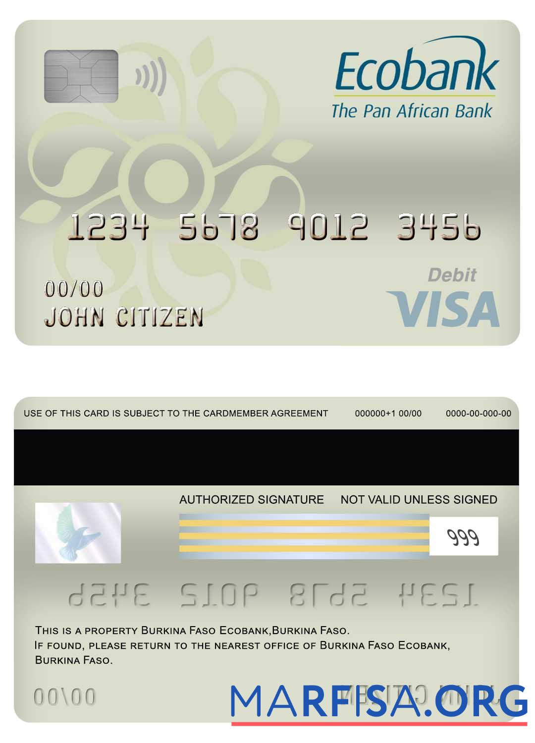 Realistic Burkina Faso Ecobank bank visa debit card sample